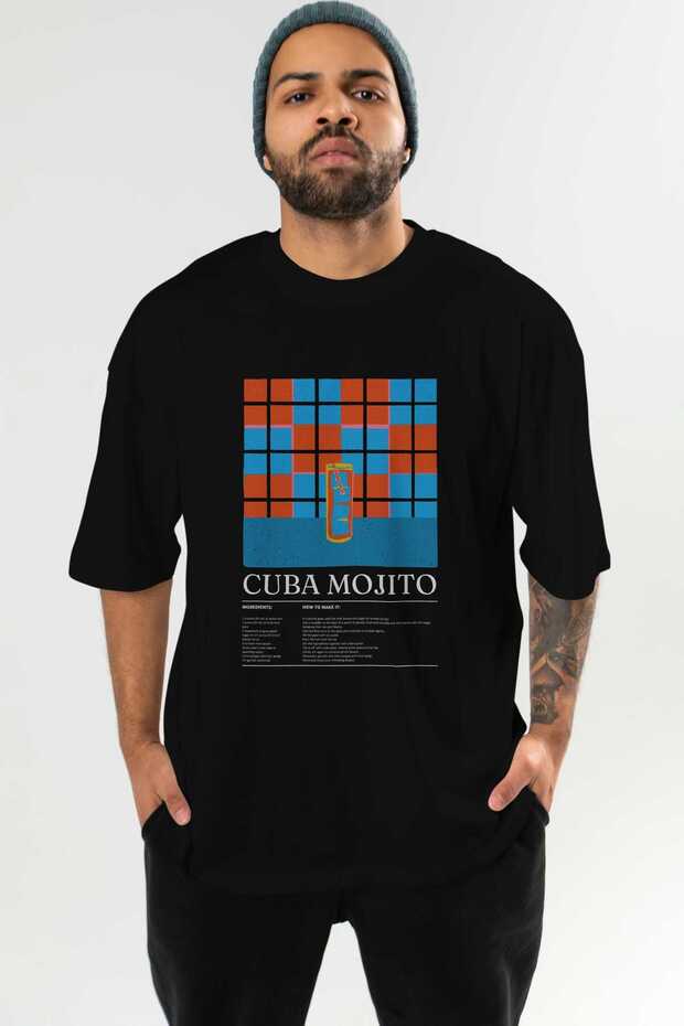 Cuba Mojito Cocktail Pre-Printed Black Oversize T-Shirt Men Women Cotton Crew Neck T-Shirt