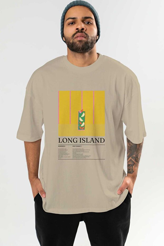 Long Island Cocktail Front Printed Beige Oversize T-Shirt Men Women Cotton Crew Neck Tshirt