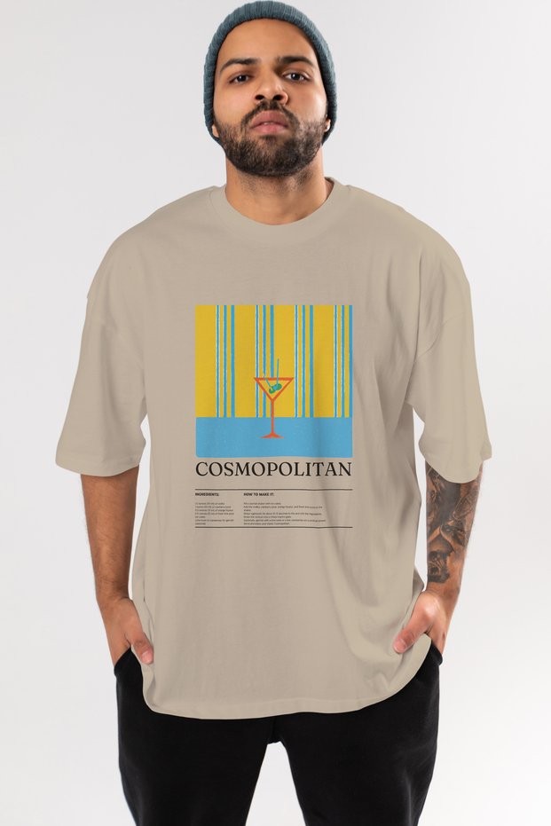 Cosmopolitan Cocktail Front Printed Beige Oversize T-Shirt Men Women Cotton Crew Neck Tshirt