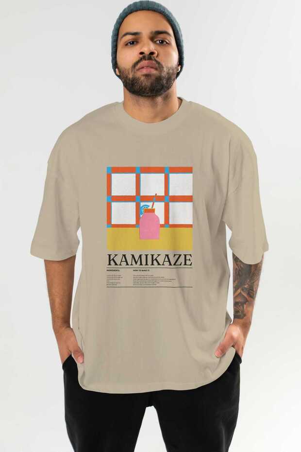 Kamikaze Cocktail Front Printed Beige Oversize T-Shirt Men Women Cotton Crew Neck Tshirt