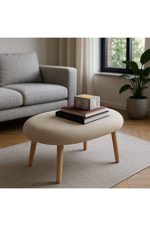 Modern Çok Amaçlı Bej Teddy Kumaş Tabure & Puf Ahşap Ayaklı Sehpa – Oturma – Dekoratif - 1