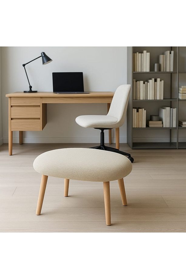 Modern Çok Amaçlı Bej Teddy Kumaş Tabure & Puf Ahşap Ayaklı Sehpa – Oturma – Dekoratif - 3