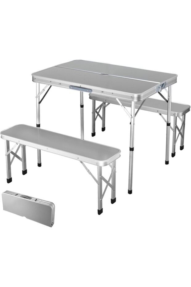 Folding Camping Picnic Table with Bench Set, Adjustable Heights Table, Aluminum Frame