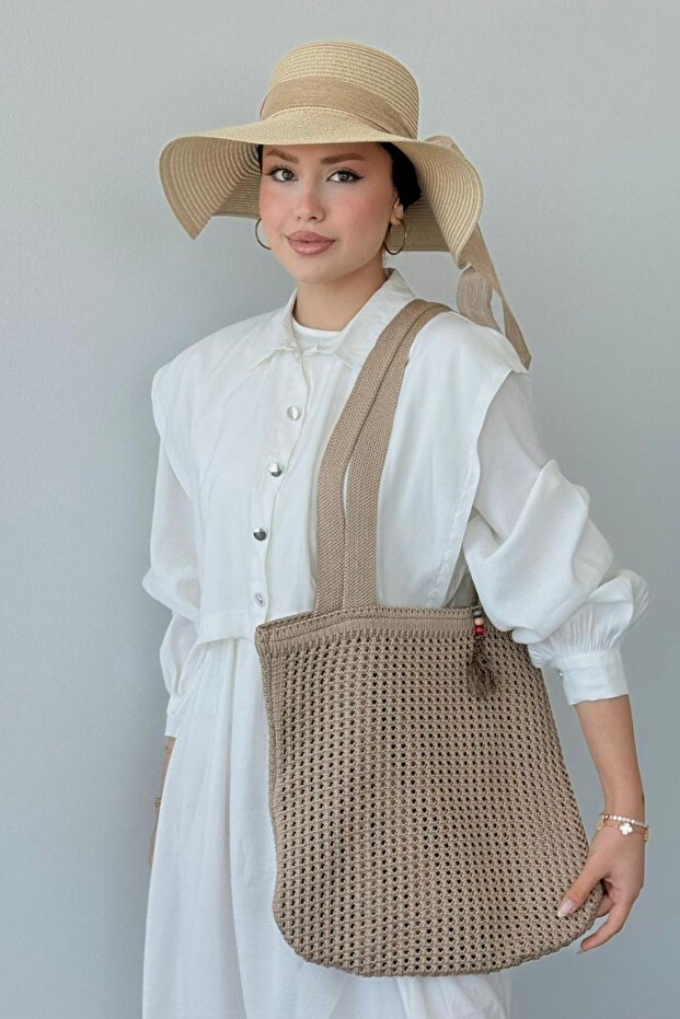 Boncuklu Hasır Çanta Vizon - 3