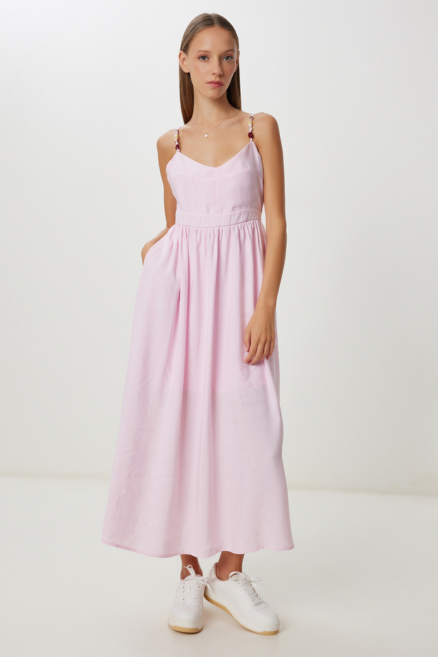 Bead Detailed Strap Summer Modal Dress Lub0141 Candy Pink