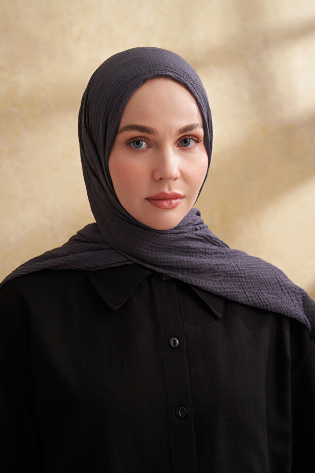 Muslin Leaf Pattern Shal - Gray Blue - 2