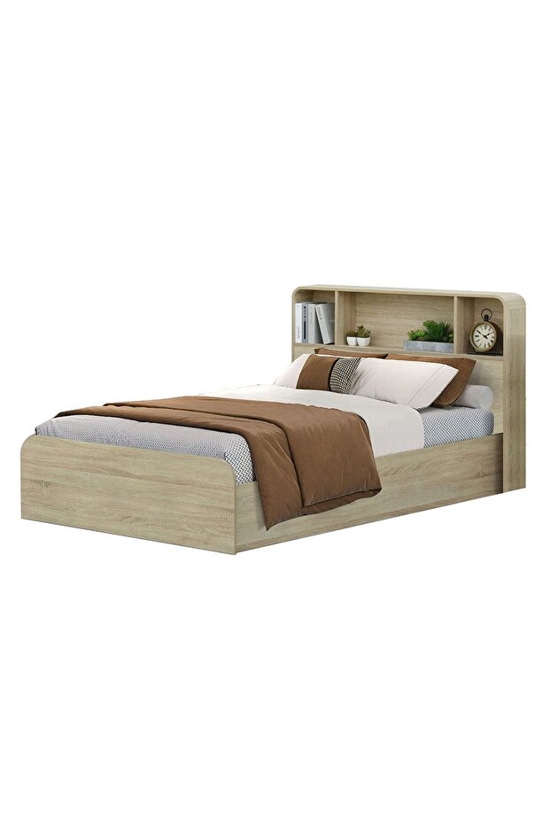 Monro 120X200 Single Bed w/ Underbed & Headboard Storage - Natural Oak L221.5xW131xH100cm