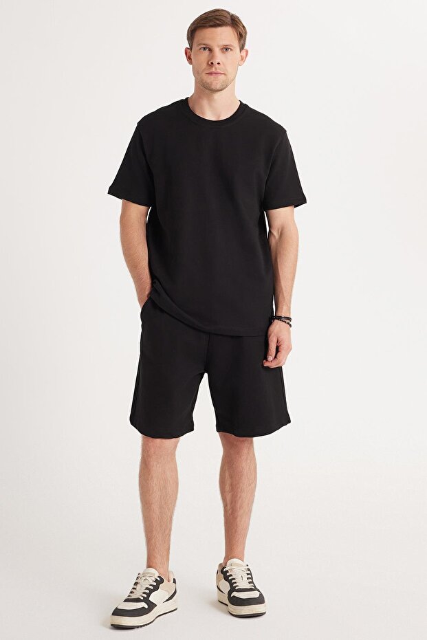 Relax Fit Comfortable Cut 100% Cotton Lightweight Thick Special Design Men's Black Shorts T-Shirt Set