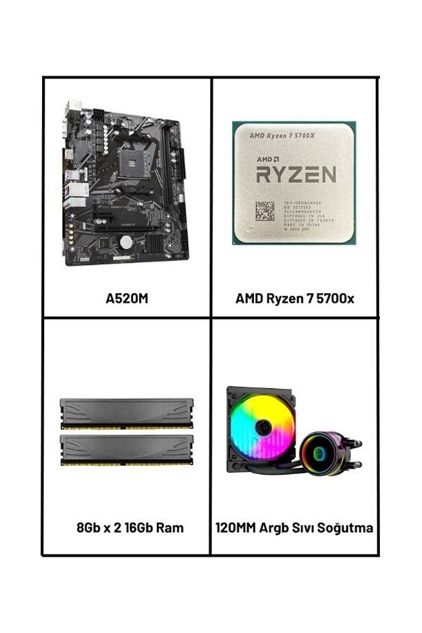 A520 Anakart | Ryzen 7 5700x İşlemci | 16Gb DDR4 Ram | 120MM Argb Fanlı Sıvı Soğutma Bundle Set - 1