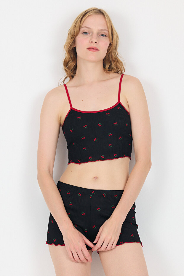 طقم شورت رياضي منقوش باللون الأسود الكرزي 3403 - 1