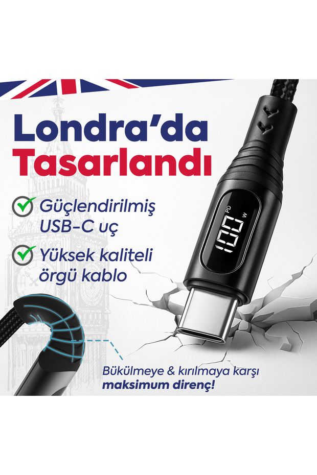 100W Type-C LED Ekranlı, Hızlı Şarj ve Data Kablosu | E-Mark, Örgülü, 1.2m, Tüm Cihazlarla Uyumlu - 4