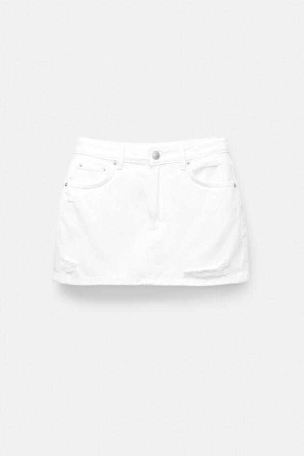 Distressed denim mini etek - 6