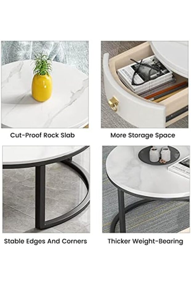 Coffee Table Nesting Table Round Coffee Table with Storage Suitable Black Frame Round Marble Pattern - 6