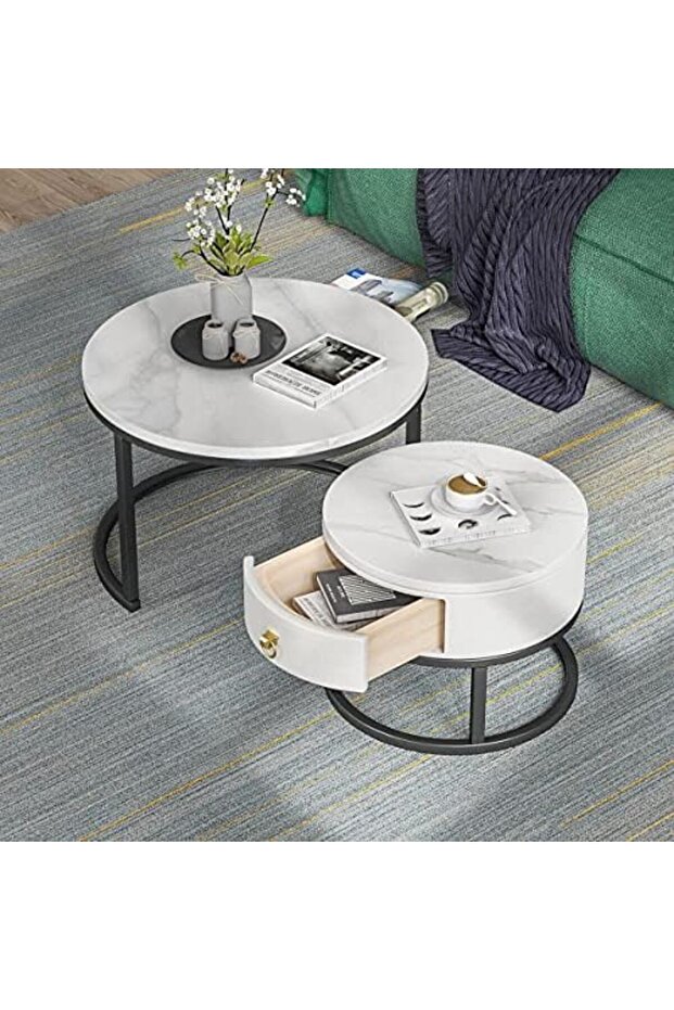 Coffee Table Nesting Table Round Coffee Table with Storage Suitable Black Frame Round Marble Pattern - 4