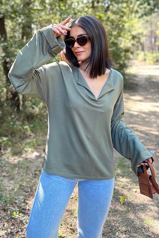 Women's Khaki Long Sleeve, Double Cuff, Split Collar, Loose Sweatshirt Blouse