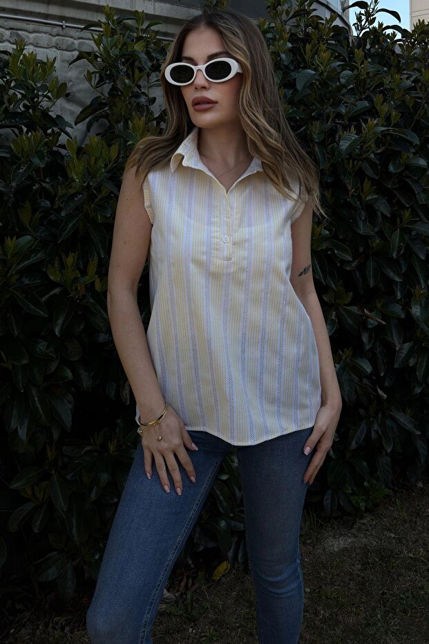 Women's Yellow Striped, Textured Summer Fabric, Half Placket, Zero Sleeve Blouse