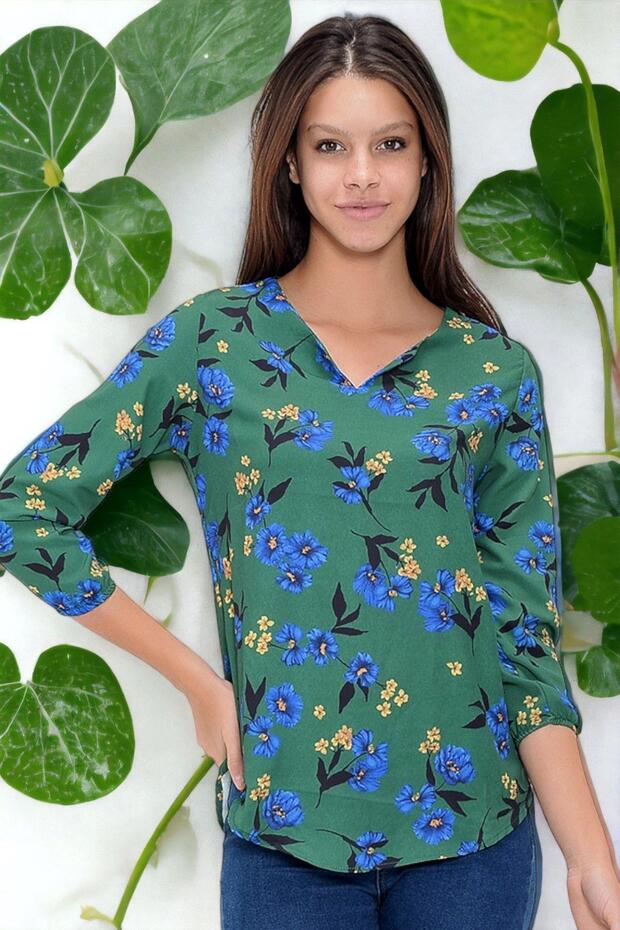 Women's Green Collar Slit Crepe Blouse with Three Quarter Sleeves Floral and Wear Out - Suitable for Hijab