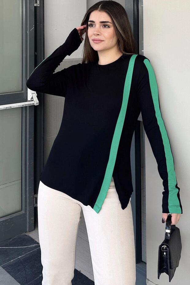 Women's Black Round Neck, Long Sleeve, Stripe Detailed, Slit Comfortable Blouse