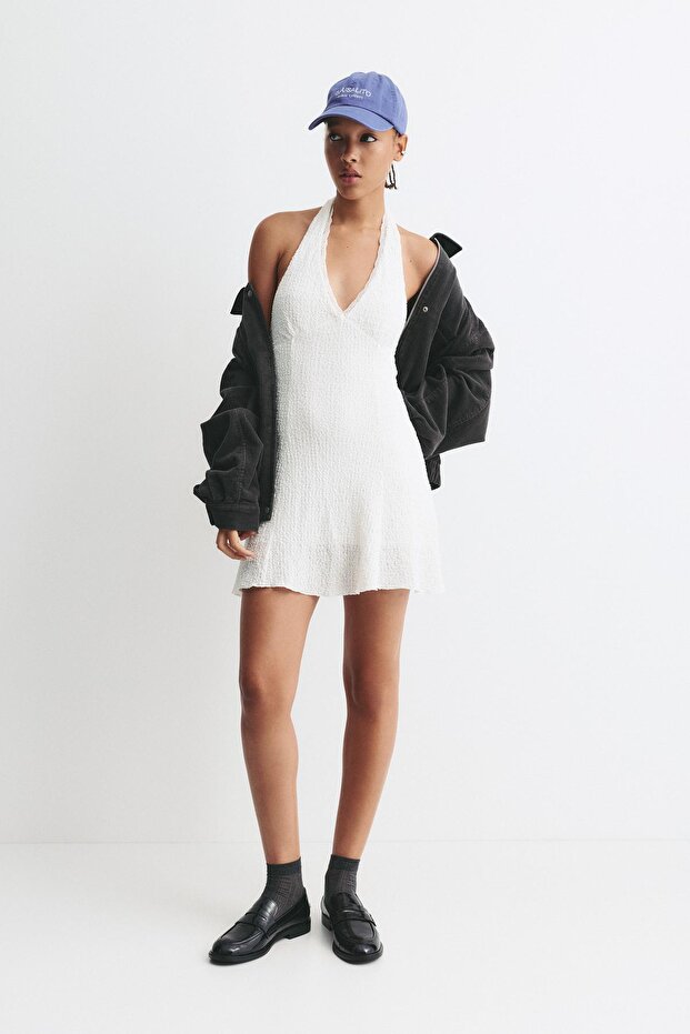 Halter yaka dokulu kısa elbise - 1