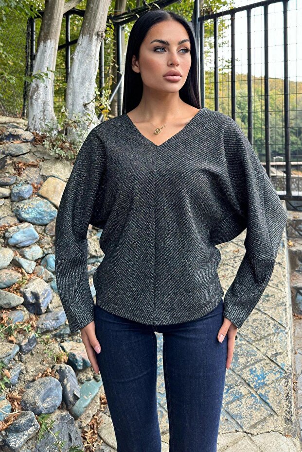 Black Glitter, Bat Sleeve, V-Neck, Knitted Knitwear Sweater