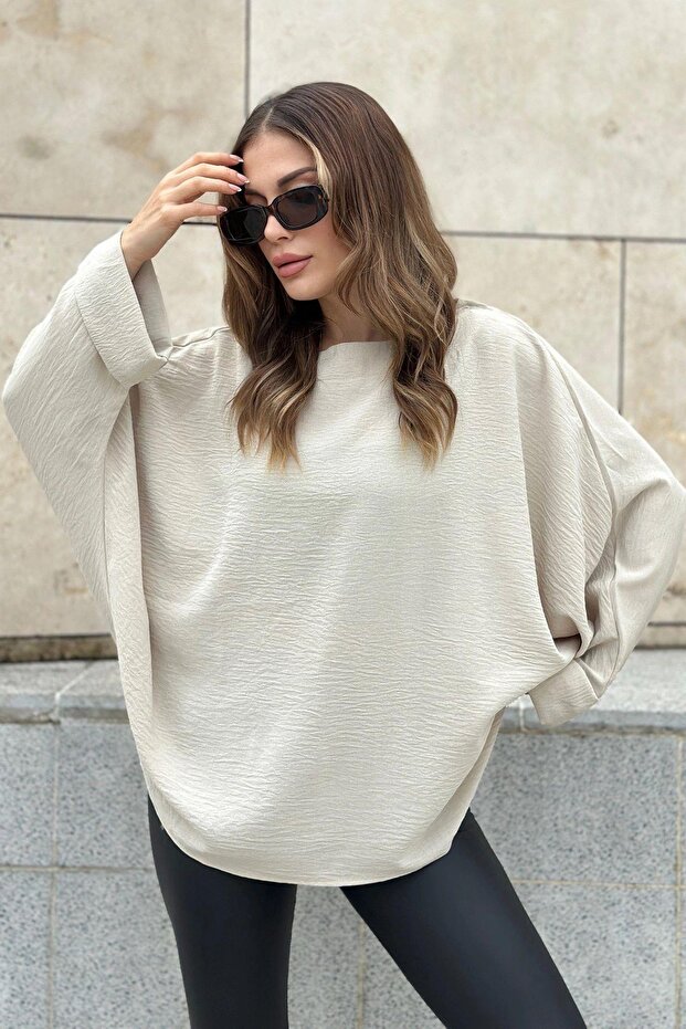 Women's Beige Airobin Bat Double Sleeve Loose Blouse Extra Oversize Round Neck - Suitable for Hijab