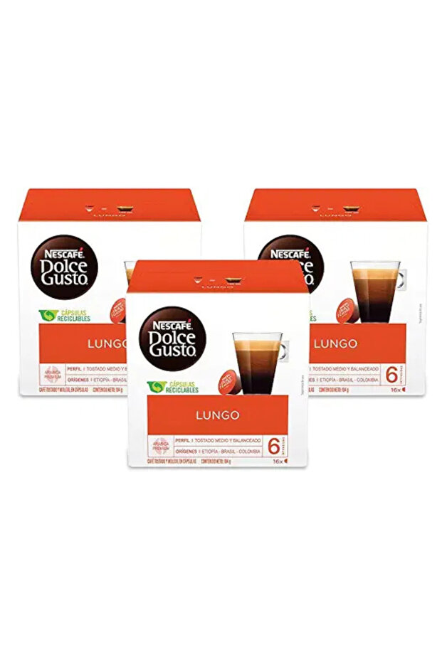 Nescafé Dolce Gusto Lungo Coffee Pods – 3 Packs (16 Capsules Each) – Medium Roast Arabica