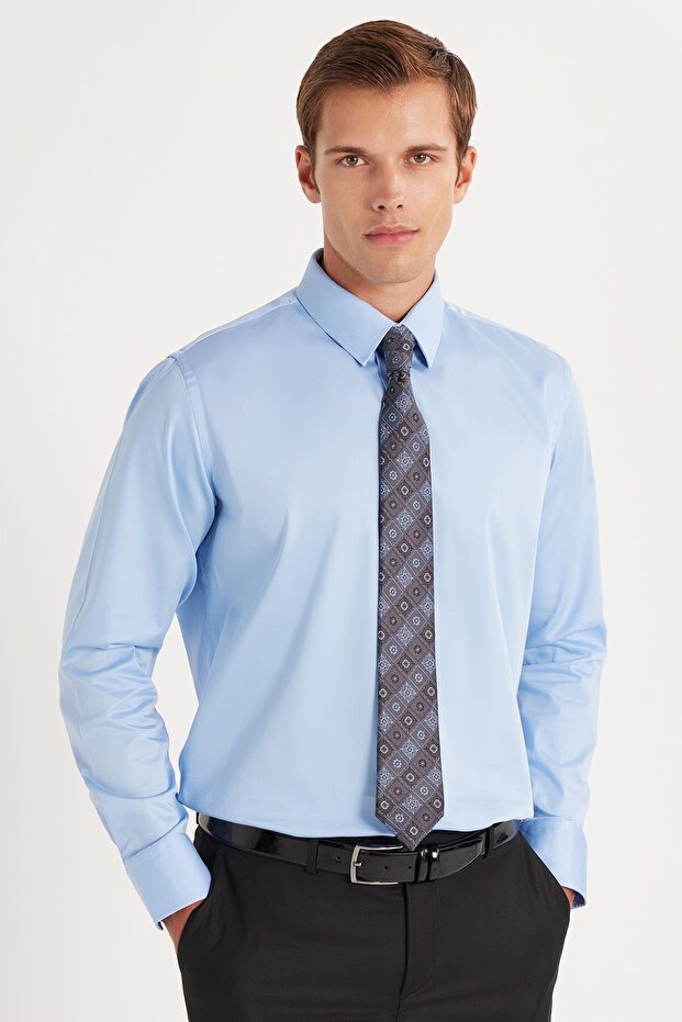 Men's Slim Fit Premium Lycra Cotton Satin Blue Shirt