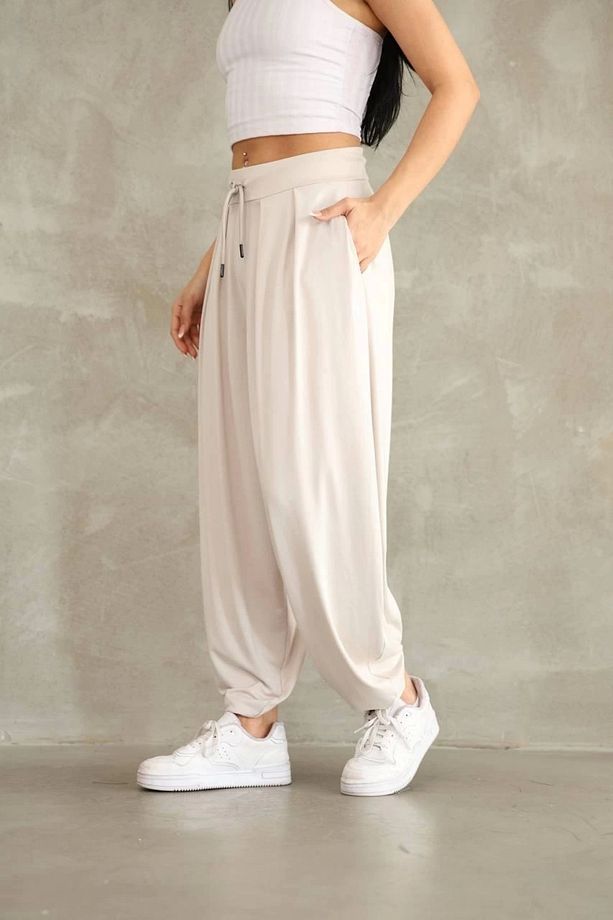 Osy Modal Yumuşak Dokulu Kumaş Şalvar Pantalon-Bej - 1
