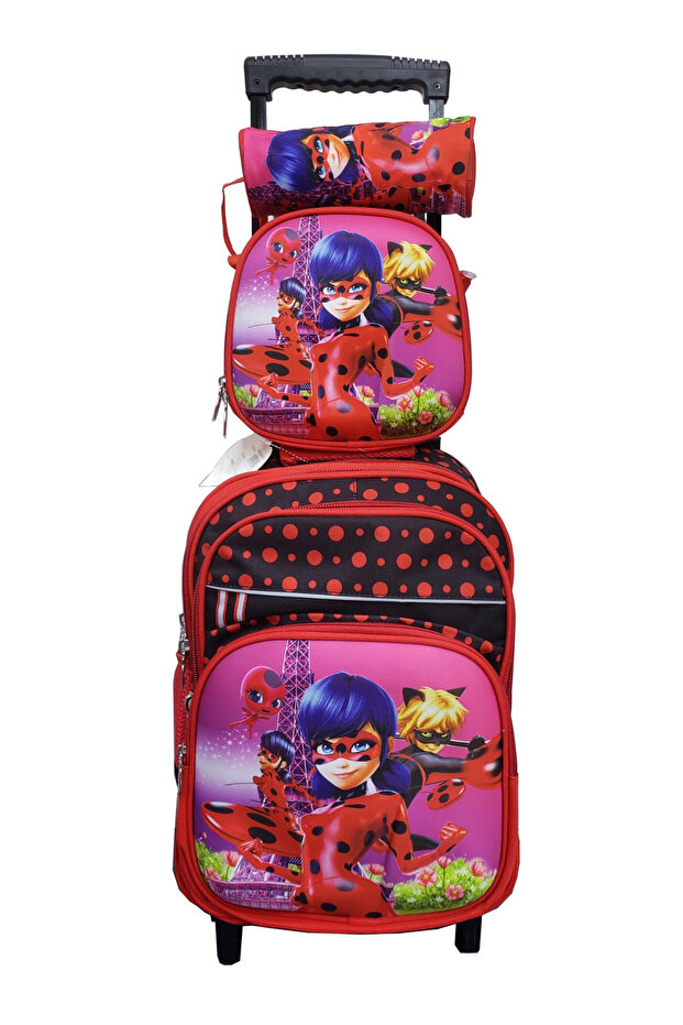 Cartoon Printed Kids School Trolley Backpack Set, 3 Pieces, 16.5 Inch Rolling Bag Lunch Box Pencil C