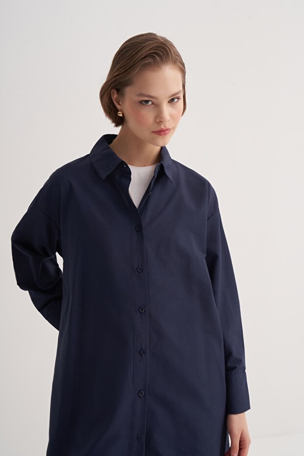 Kadın Poplin Basic Uzun Gömlek Lacivert - 3