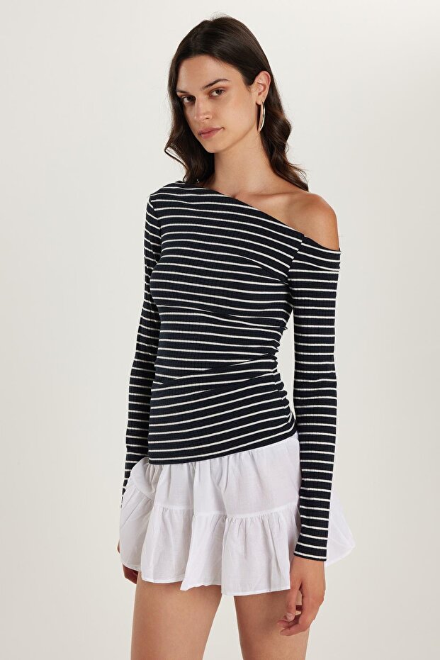 Women's Standard Fit Striped Asymmetrical Neck Blouse