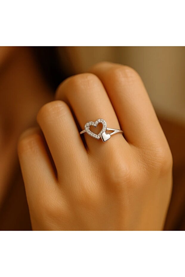 Adjustable Steel Ring with Double Heart Zircon