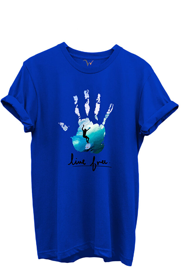 Live Free Written Surfer and Hand Printed 100% Cotton Regular Fit Unisex T-Shirt