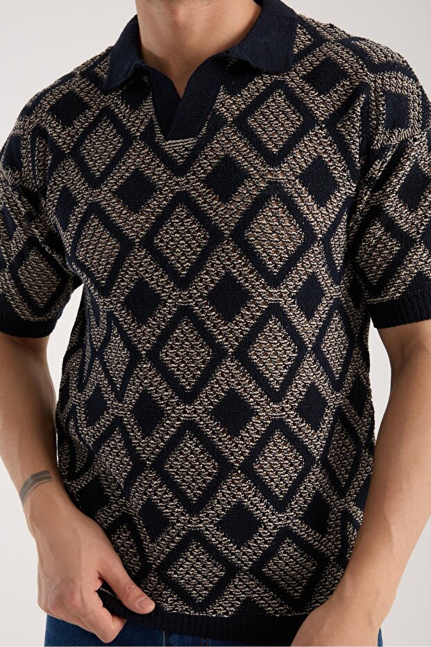Men's Polo Neck Geometric Patterned Short Sleeve Knitwear T-Shirt - Navy Blue Beige