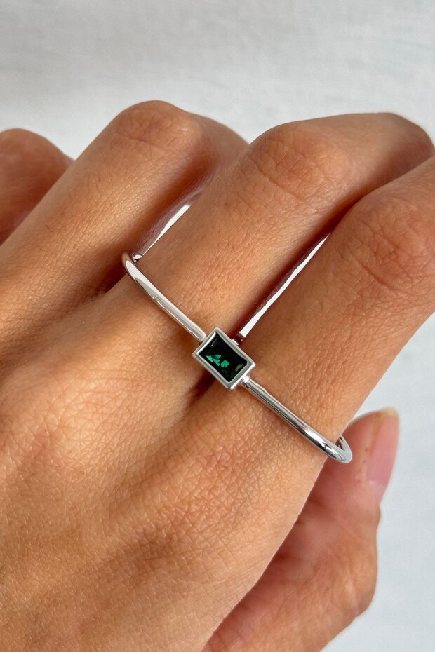 Silver Color Green Stone Detailed Two Finger Design Ring