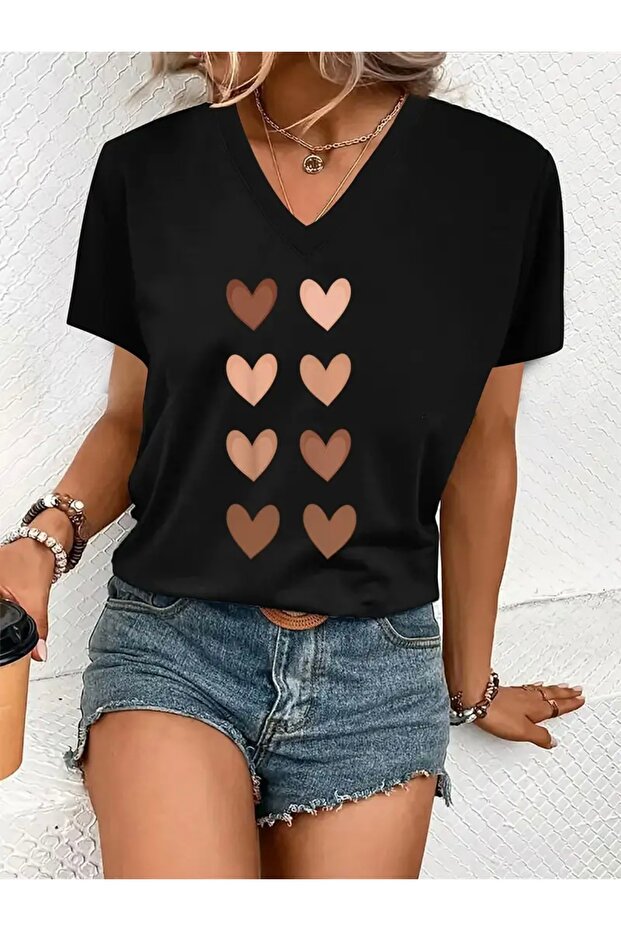 Heart Pattern Printed Women's Oversize V-Neck T-Shirt
