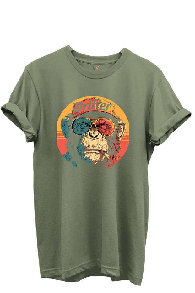 Drifter Written Colorful Glasses Monkey Printed 100% Cotton Black Regular Fit Unisex T-Shirt