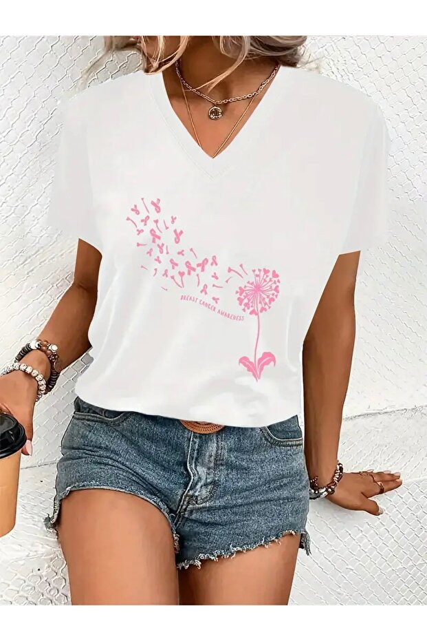 Pink Feather Oversize V-Neck T-Shirt