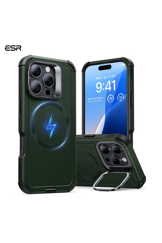 iPhone 16 Pro Cyber ​​Tough Halolock Magsafe Stand Silicone Case Green