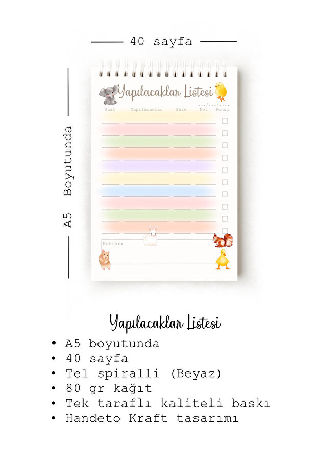 Cute Animals Turkish to Do List, To-Do List, A5 To-Do List, Task List, Spiral - 3