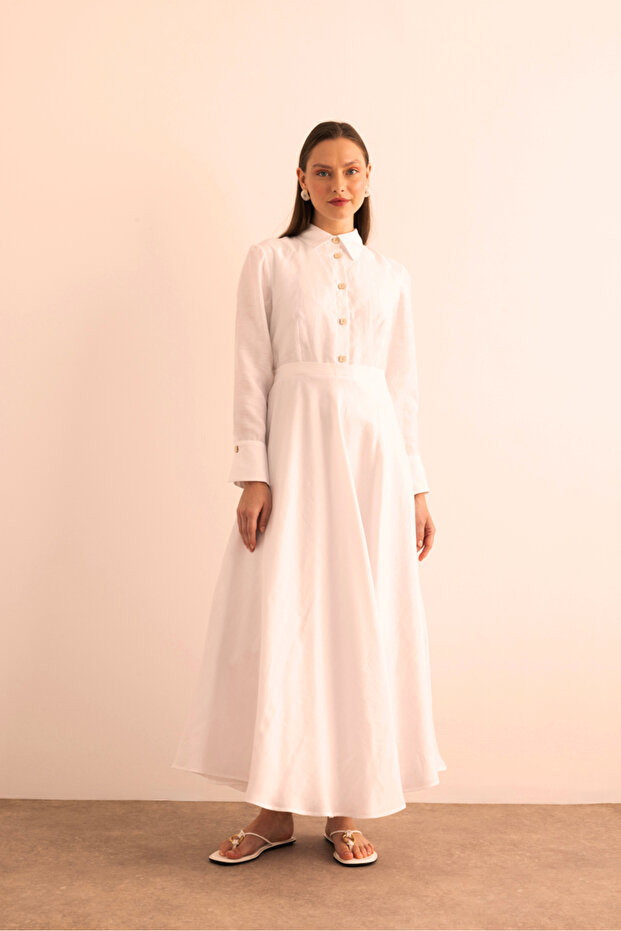 Beyaz Keten Elbise - 5