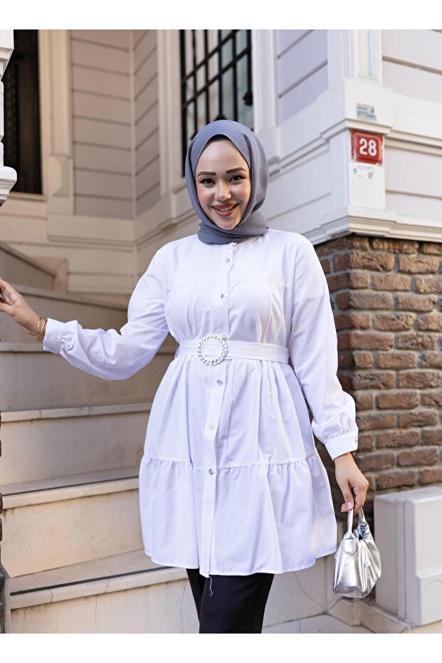 Women's Buttoned Belt Detailed White Shirt