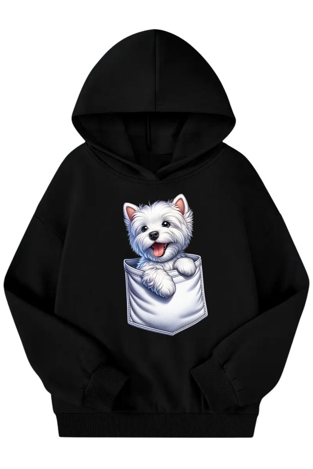 Unisex Black Children's Hooded Sweatshirt – Pocket Dog Printed, Thick Fabric with Hood