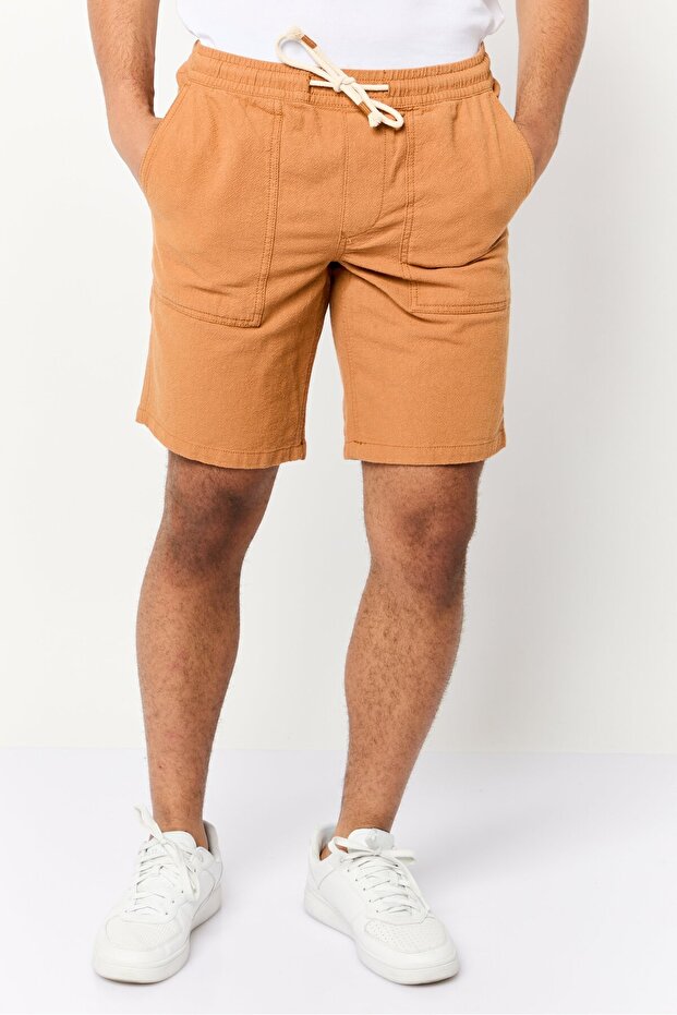 Men Drawstring Textured Basic Shorts, Rust - 1