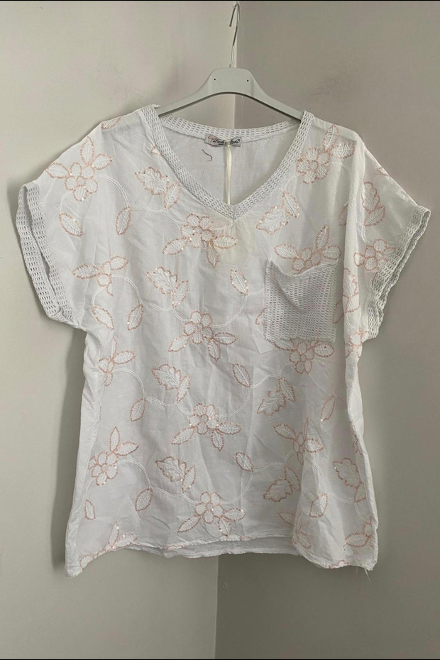Women's Italian White V-Neck Sequin Ivy Flower Pattern Mesh Pocket Sleeveless Zero Sleeve Loose Blouse
