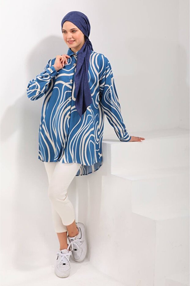 Blue Beige Striped Wide Fit Viscose Fabric Arabboy Tunic Shirt