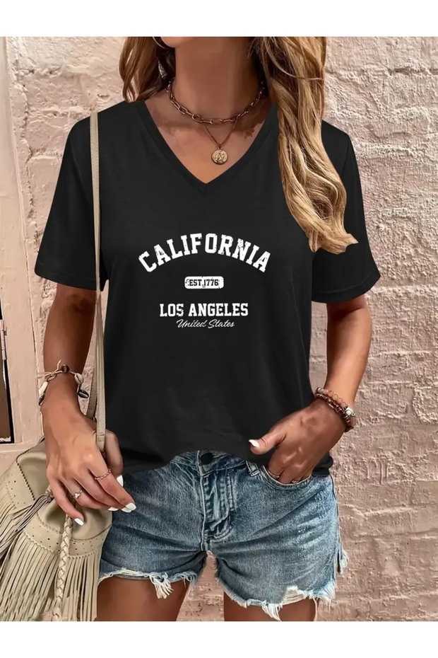 California Los Angeles Printed Women's Oversize V-Neck T-Shirt