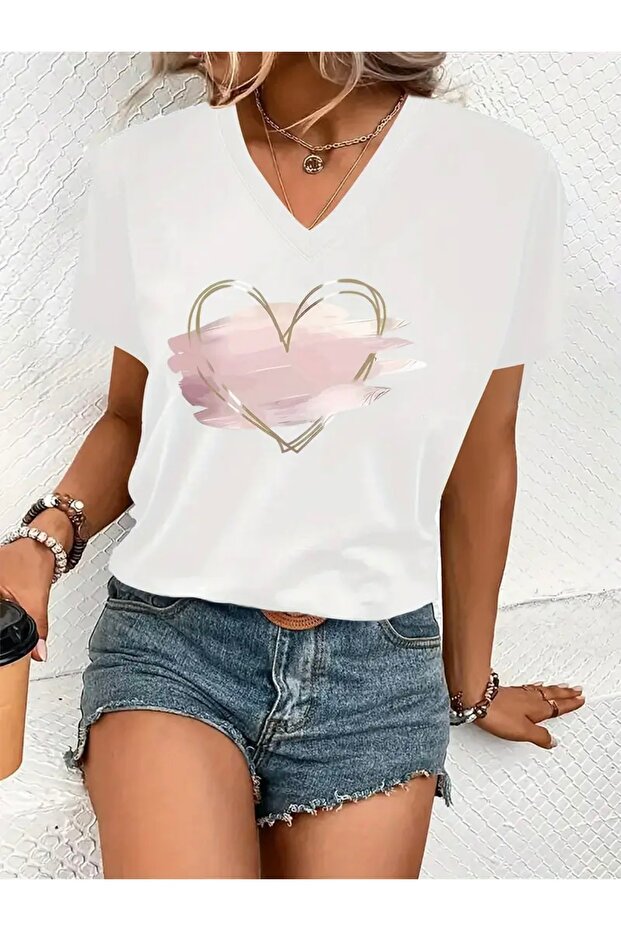 PINK HEART PRINTED WOMEN'S OVERSIZED V-NECK T-SHIRT