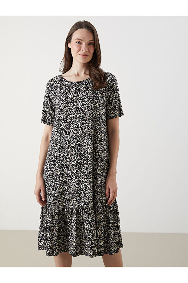 Bisiklet Yaka Çiçekli A Kesim Elbise - 3