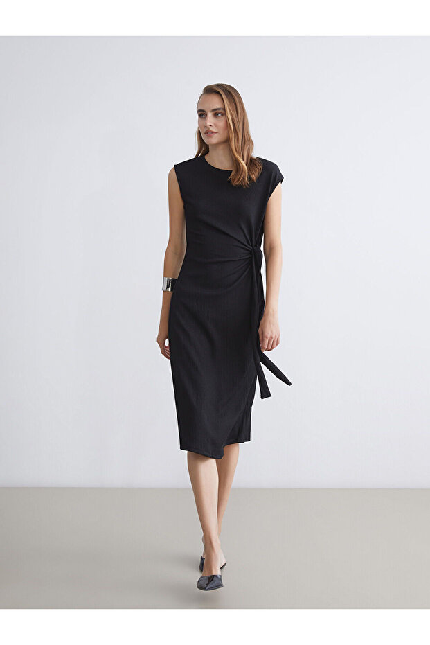 Black Crew Neck Gathered Dress